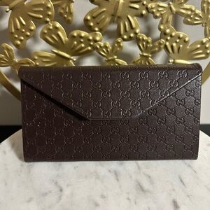 Gucci GG Monogram Trifold Leather Eyeglasses Sunglasses Case Brown